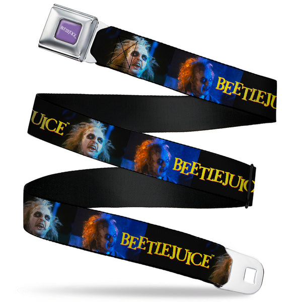 Buckle-Down BEETLEJUICE Text Logo Full Color Purple/White Seatbelt Belt - BEETLEJUICE Title Logo and Expressions Black Webbing