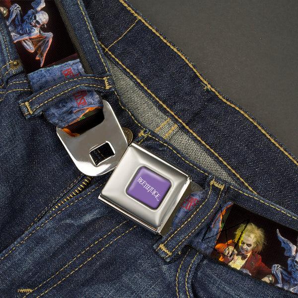 Buckle-Down BEETLEJUICE Text Logo Full Color Purple/White Seatbelt Belt - Beetlejuice Graveyard Gargoyle Pose Black Webbing