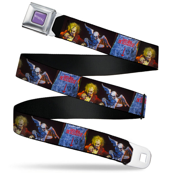 Buckle-Down BEETLEJUICE Text Logo Full Color Purple/White Seatbelt Belt - Beetlejuice Graveyard Gargoyle Pose Black Webbing