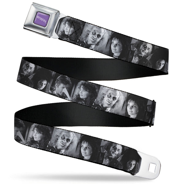 Buckle-Down BEETLEJUICE Text Logo Full Color Purple/White Seatbelt Belt - Beetlejuice Character Face Blocks Black/White Webbing