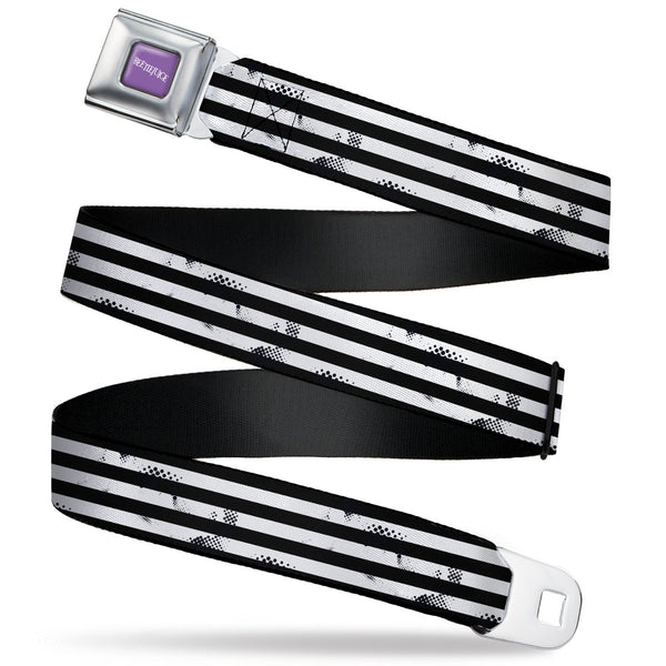Buckle-Down BEETLEJUICE Text Logo Full Color Purple/White Seatbelt Belt - Beetlejuice Suit Striping Black/White Webbing