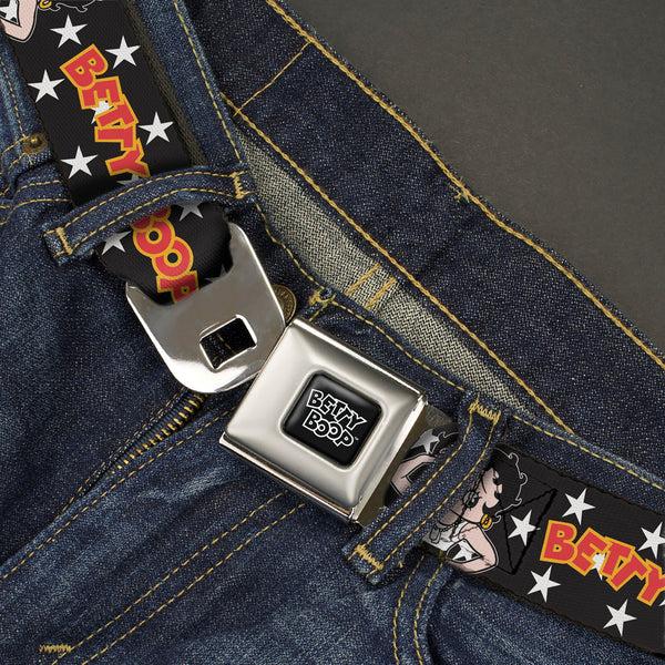 Buckle-Down BETTY BOOP Title Logo Full Color Black/White Seatbelt Belt - BETTY BOOP Salute Pose And Text Stars Black/White/Yellow/Red Webbing