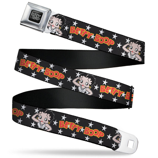 Buckle-Down BETTY BOOP Title Logo Full Color Black/White Seatbelt Belt - BETTY BOOP Salute Pose and Text Stars Black/White/Yellow/Red Webbing