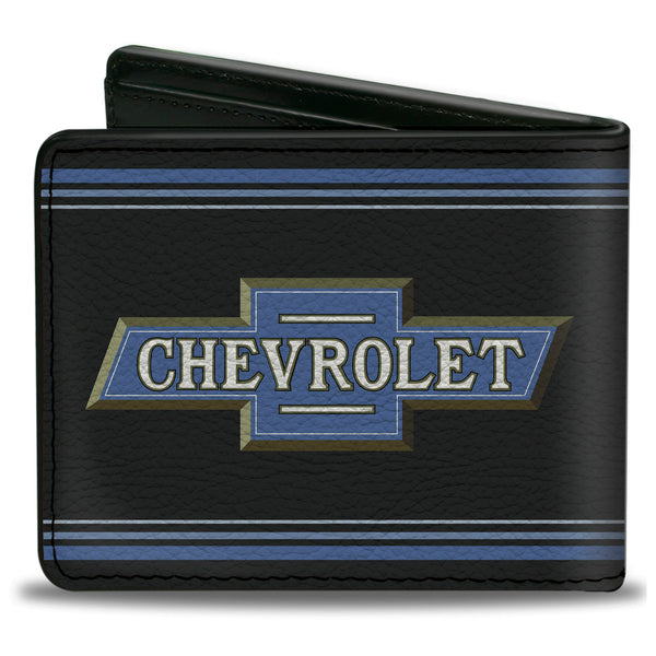 Buckle-Down Bi-Fold Wallet - 1916 Chevrolet Bowtie Logo Stripes Black Blue