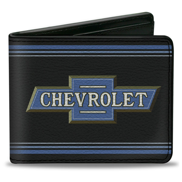 Buckle-Down Bi-Fold Wallet - 1916 Chevrolet Bowtie Logo Stripes Black Blue