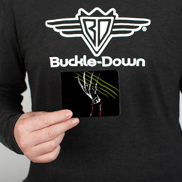 Buckle-Down Bi-Fold Wallet - A Nightmare On Elm Street Freddy's Hand Scratching + Logo Black White Green Reds