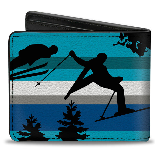 Buckle-Down Bi-Fold Wallet - Action Ski Pose Tree Silhouettes Stripes Blues Black