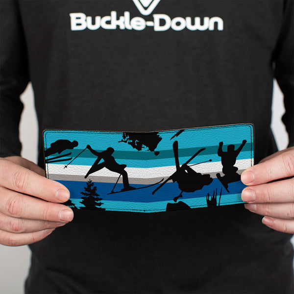 Buckle-Down Bi-Fold Wallet - Action Ski Pose Tree Silhouettes Stripes Blues Black