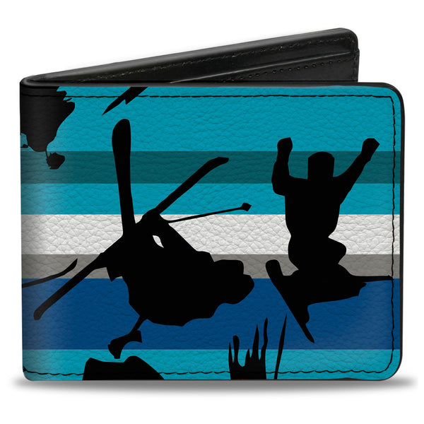 Buckle-Down Bi-Fold Wallet - Action Ski Pose Tree Silhouettes Stripes Blues Black
