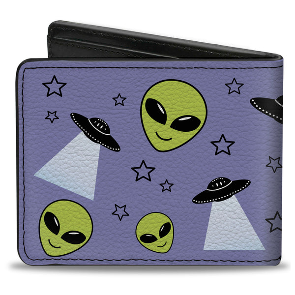 Buckle-Down Bi-Fold Wallet - Alien Head Stars UFO's Scattered Lavender Black Green