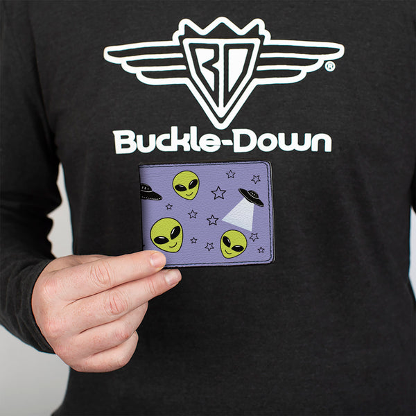 Buckle-Down Bi-Fold Wallet - Alien Head Stars UFO's Scattered Lavender Black Green