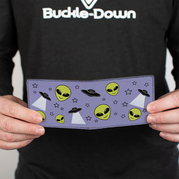 Buckle-Down Bi-Fold Wallet - Alien Head Stars UFO's Scattered Lavender Black Green