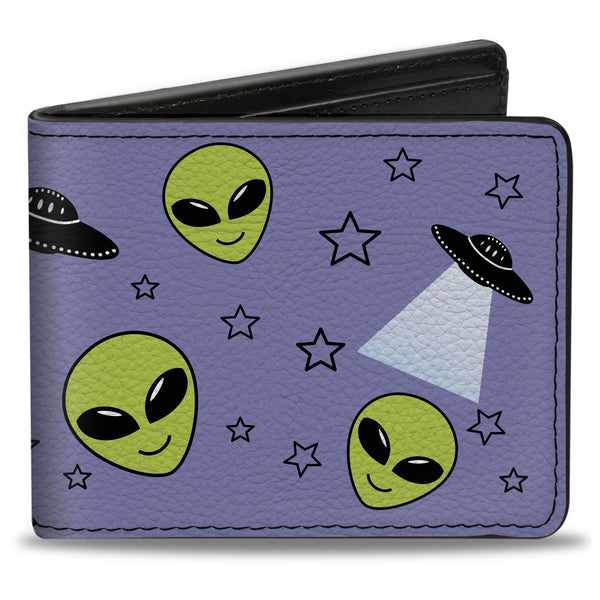 Buckle-Down Bi-Fold Wallet - Alien Head Stars UFO's Scattered Lavender Black Green