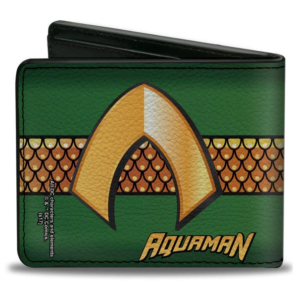 Buckle-Down Bi-Fold Wallet - AQUAMAN Classic Icon Scales Stripe Green Golds