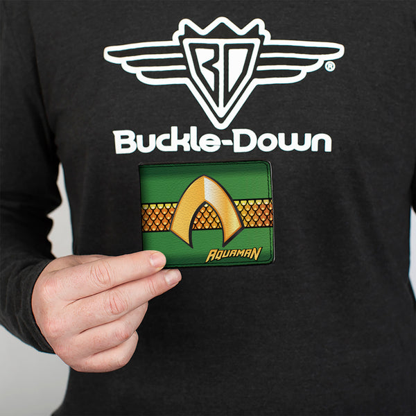 Buckle-Down Bi-Fold Wallet - AQUAMAN Classic Icon Scales Stripe Green Golds