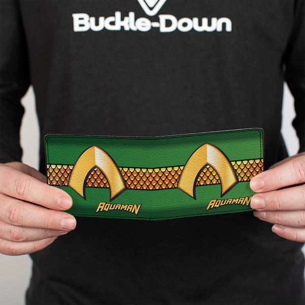 Buckle-Down Bi-Fold Wallet - AQUAMAN Classic Icon Scales Stripe Green Golds