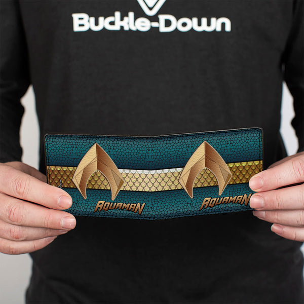 Buckle-Down Bi-Fold Wallet - AQUAMAN Icon Scales Stripe Blues Golds