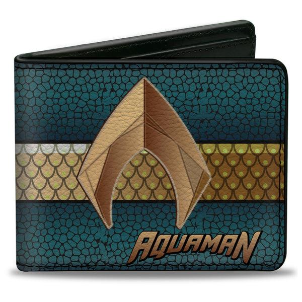 Buckle-Down Bi-Fold Wallet - AQUAMAN Icon Scales Stripe Blues Golds