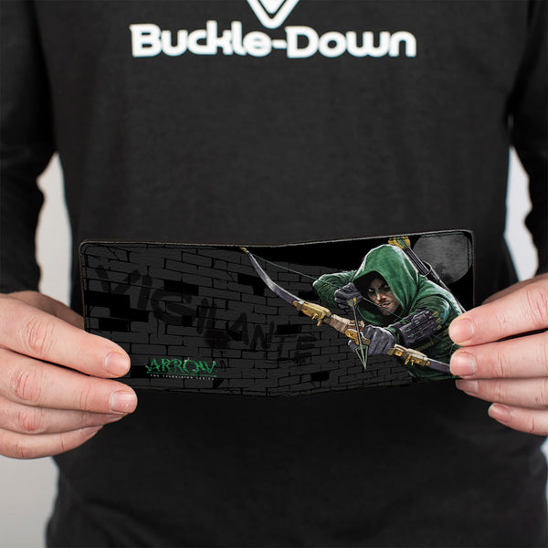 Buckle-Down Bi-Fold Wallet - Arrow Aiming Pose + VIGILANTE Bricks Black Grays