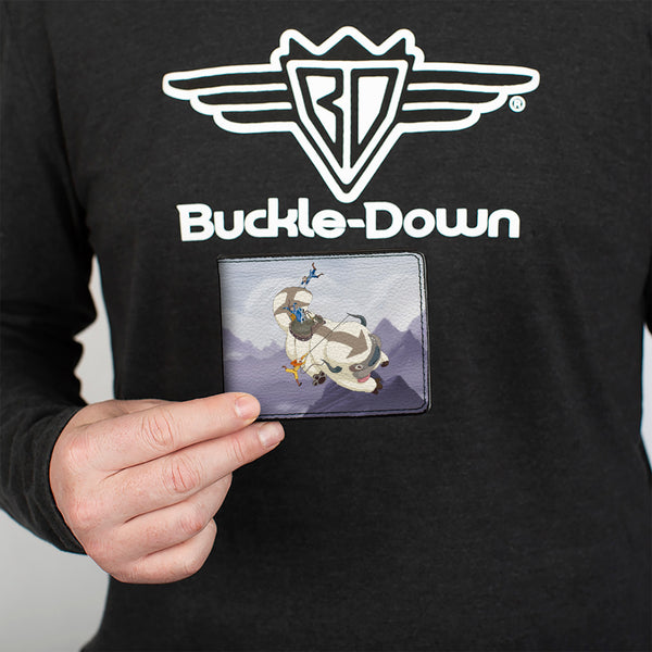 Buckle-Down Bi-Fold Wallet - Avatar The Last Airbender Appa Carrying 4-Character Group Scene Over Mountains + Logo Grays Black