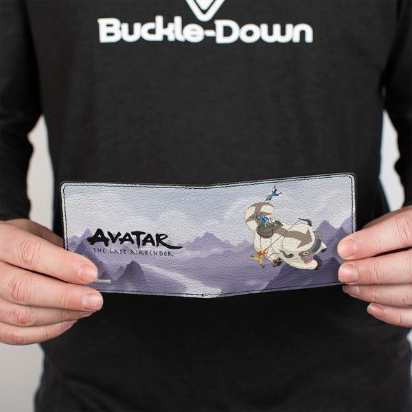 Buckle-Down Bi-Fold Wallet - Avatar The Last Airbender Appa Carrying 4-Character Group Scene Over Mountains + Logo Grays Black