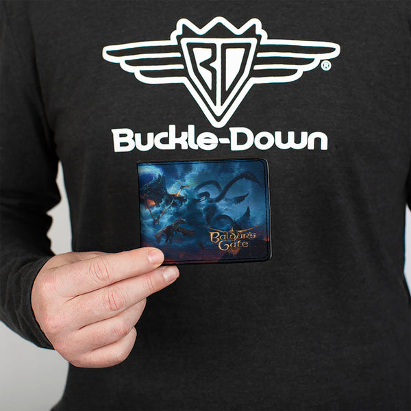 Buckle-Down Bi-Fold Wallet - BALDUR'S GATE III Group Pose Scenes And Title Logo Grays