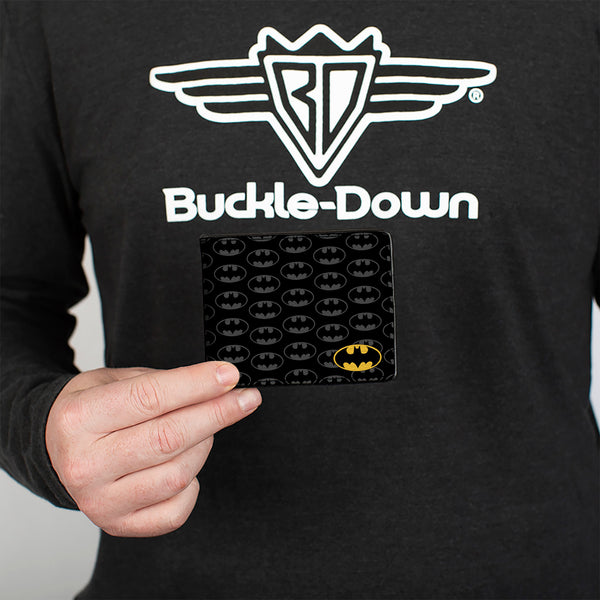 Buckle-Down Bi-Fold Wallet - Bat Signal Corner Bat Monogram Black Gray Yellow