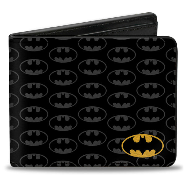 Buckle-Down Bi-Fold Wallet - Bat Signal Corner Bat Monogram Black Gray Yellow