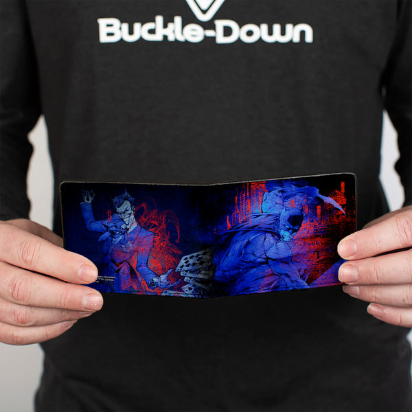 Buckle-Down Bi-Fold Wallet - Batman Action + Joker Flipping Cards Poses Black Blues Reds