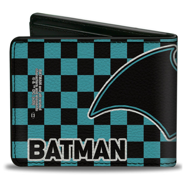 Buckle-Down Bi-Fold Wallet - BATMAN Bat Logo Close-Up Checker Teal Black