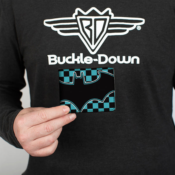 Buckle-Down Bi-Fold Wallet - BATMAN Bat Logo Close-Up Checker Teal Black