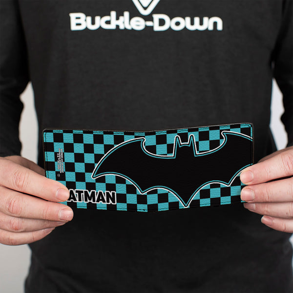 Buckle-Down Bi-Fold Wallet - BATMAN Bat Logo Close-Up Checker Teal Black