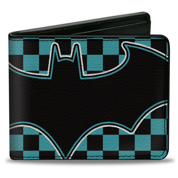 Buckle-Down Bi-Fold Wallet - BATMAN Bat Logo Close-Up Checker Teal Black
