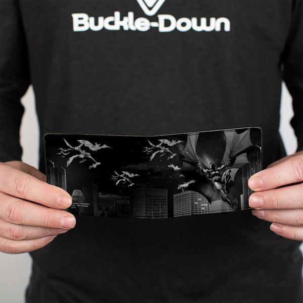 Buckle-Down Bi-Fold Wallet - Batman Beauty Of Flight Action Pose Bats Skyline Black Grays
