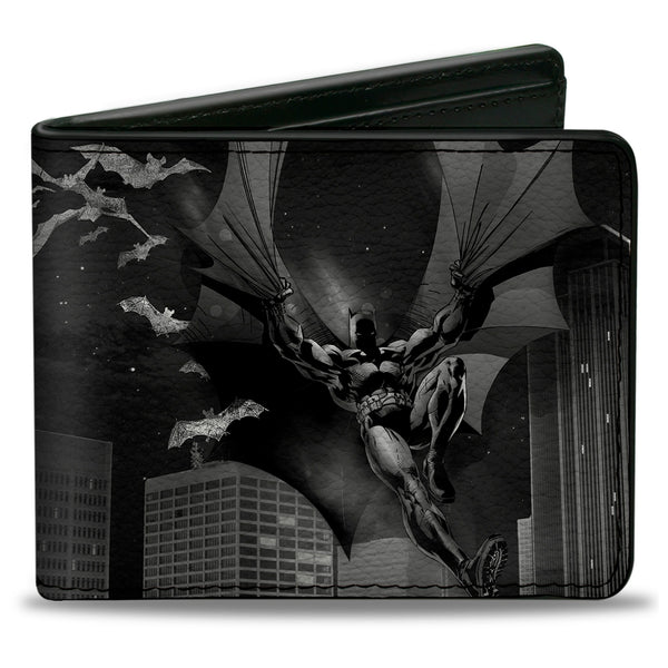 Buckle-Down Bi-Fold Wallet - Batman Beauty of Flight Action Pose Bats Skyline Black Grays