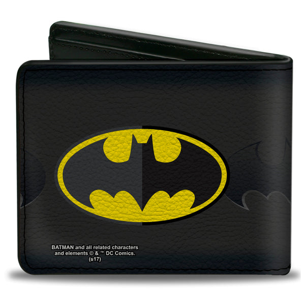 Buckle-Down Bi-Fold Wallet - Batman Icon Centered Bat Signal Stripe Black Yellow Grays