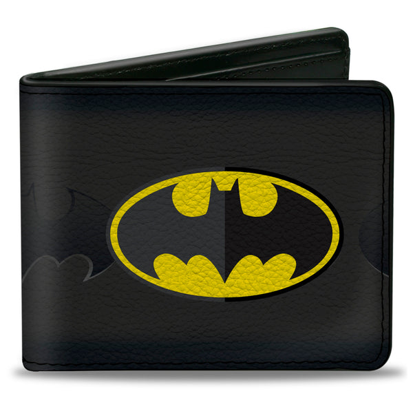 Buckle-Down Bi-Fold Wallet - Batman Icon Centered Bat Signal Stripe Black Yellow Grays