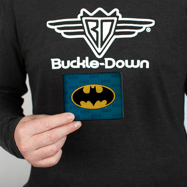 Buckle-Down Bi-Fold Wallet - Batman Signal Bat Monogram Distressed Blues Black Yellow