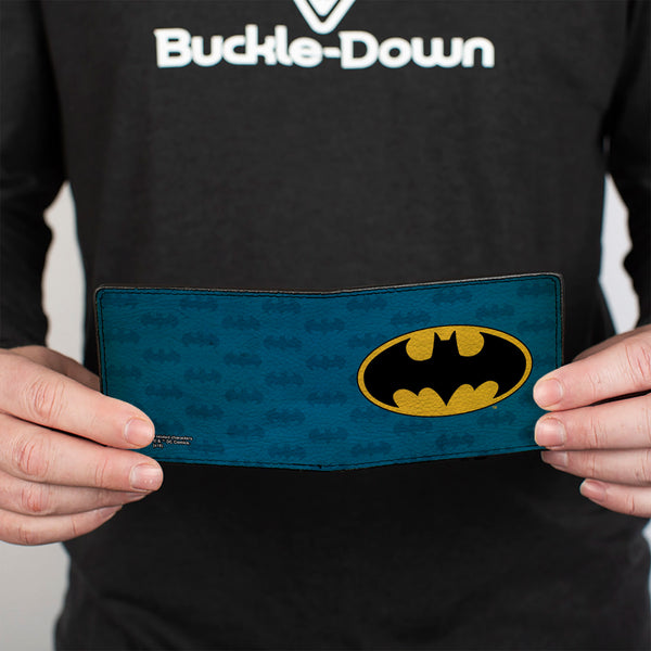 Buckle-Down Bi-Fold Wallet - Batman Signal Bat Monogram Distressed Blues Black Yellow