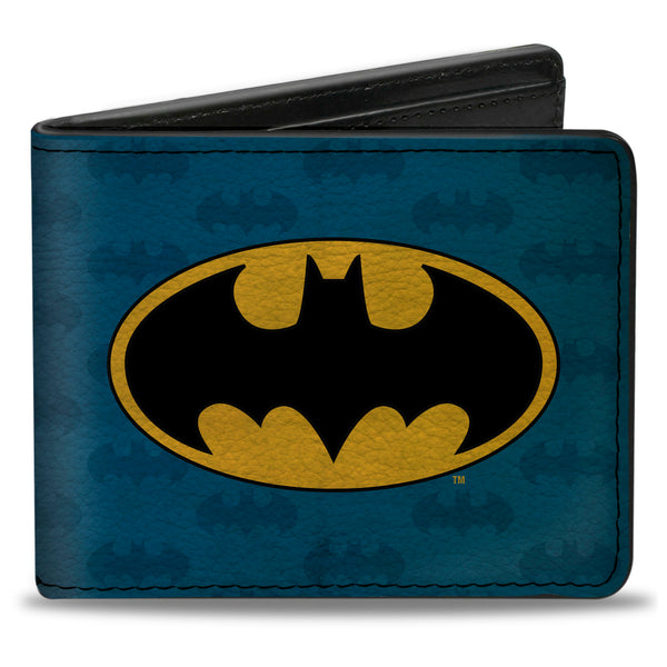 Buckle-Down Bi-Fold Wallet - Batman Signal Bat Monogram Distressed Blues Black Yellow