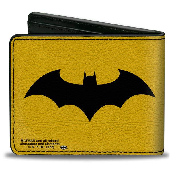 Buckle-Down Bi-Fold Wallet - Batman Tech Action Pose + Bat Logo Yellow Black White