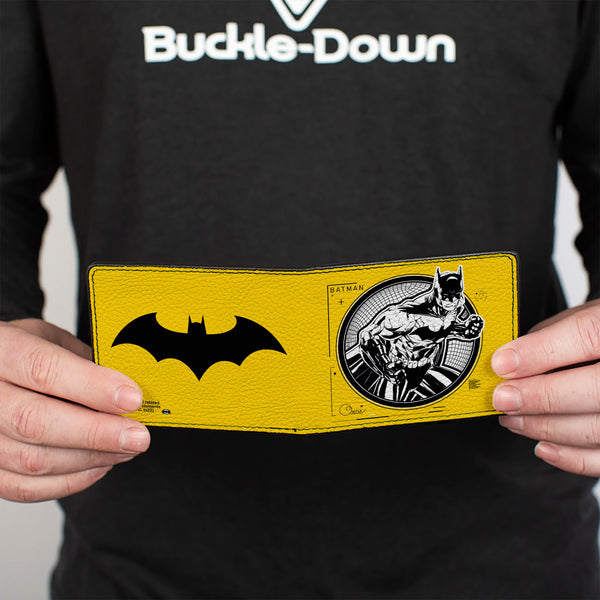 Buckle-Down Bi-Fold Wallet - Batman Tech Action Pose + Bat Logo Yellow Black White