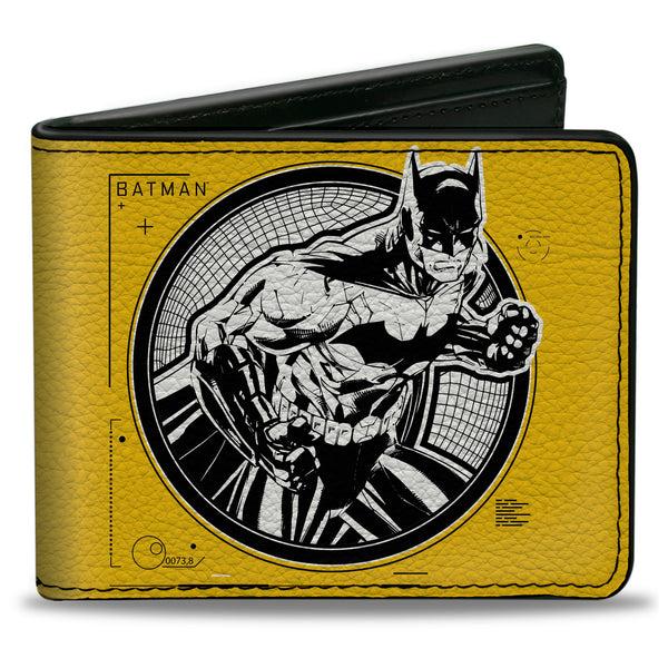 Buckle-Down Bi-Fold Wallet - Batman Tech Action Pose + Bat Logo Yellow Black White