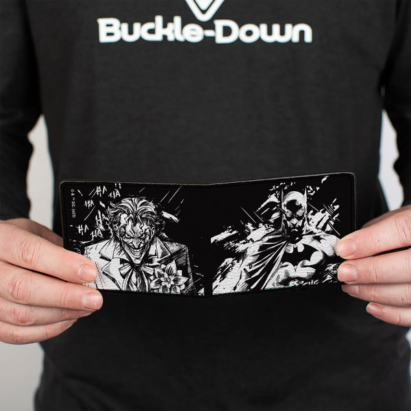 Buckle-Down Bi-Fold Wallet - Batman The Dark Knight And Joker HA HA Smiling Sketch Poses Black/White