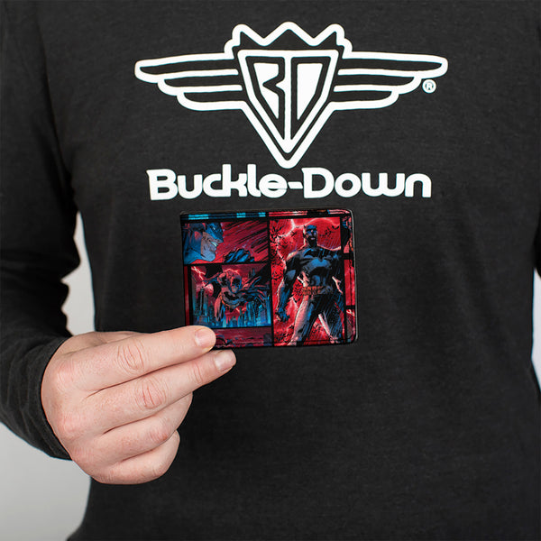 Buckle-Down Bi-Fold Wallet - Batman Urban Legends Scene Blocks Rainy Red Sky