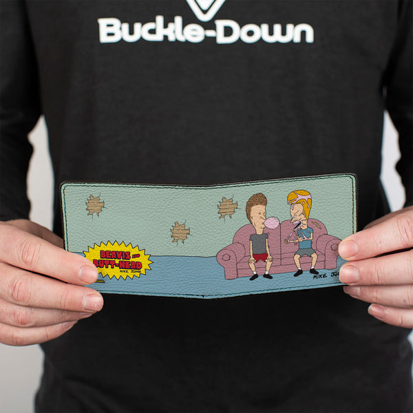 Buckle-Down Bi-Fold Wallet - BEAVIS AND BUTT-HEAD Living Room Bubble Gum Scene And Title Logo