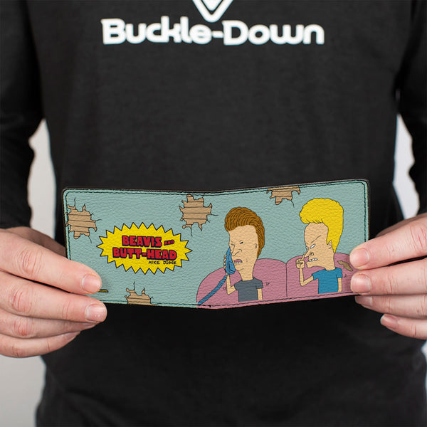Buckle-Down Bi-Fold Wallet - BEAVIS AND BUTT-HEAD Title Logo And Couch Scene Light Blue
