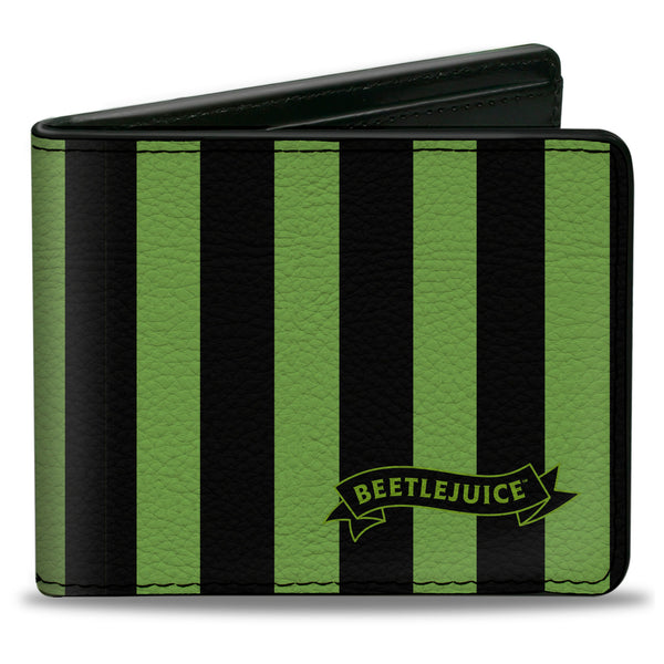 Buckle-Down Bi-Fold Wallet - BEETLEJUICE Chibi Characters and Spider Webs Collage Greens