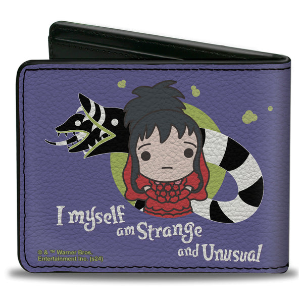 Buckle-Down Bi-Fold Wallet - Beetlejuice Chibi Lydia And Sandworm STRANGE AND UNUSUAL Pose Blue