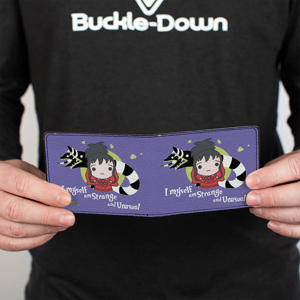 Buckle-Down Bi-Fold Wallet - Beetlejuice Chibi Lydia And Sandworm STRANGE AND UNUSUAL Pose Blue